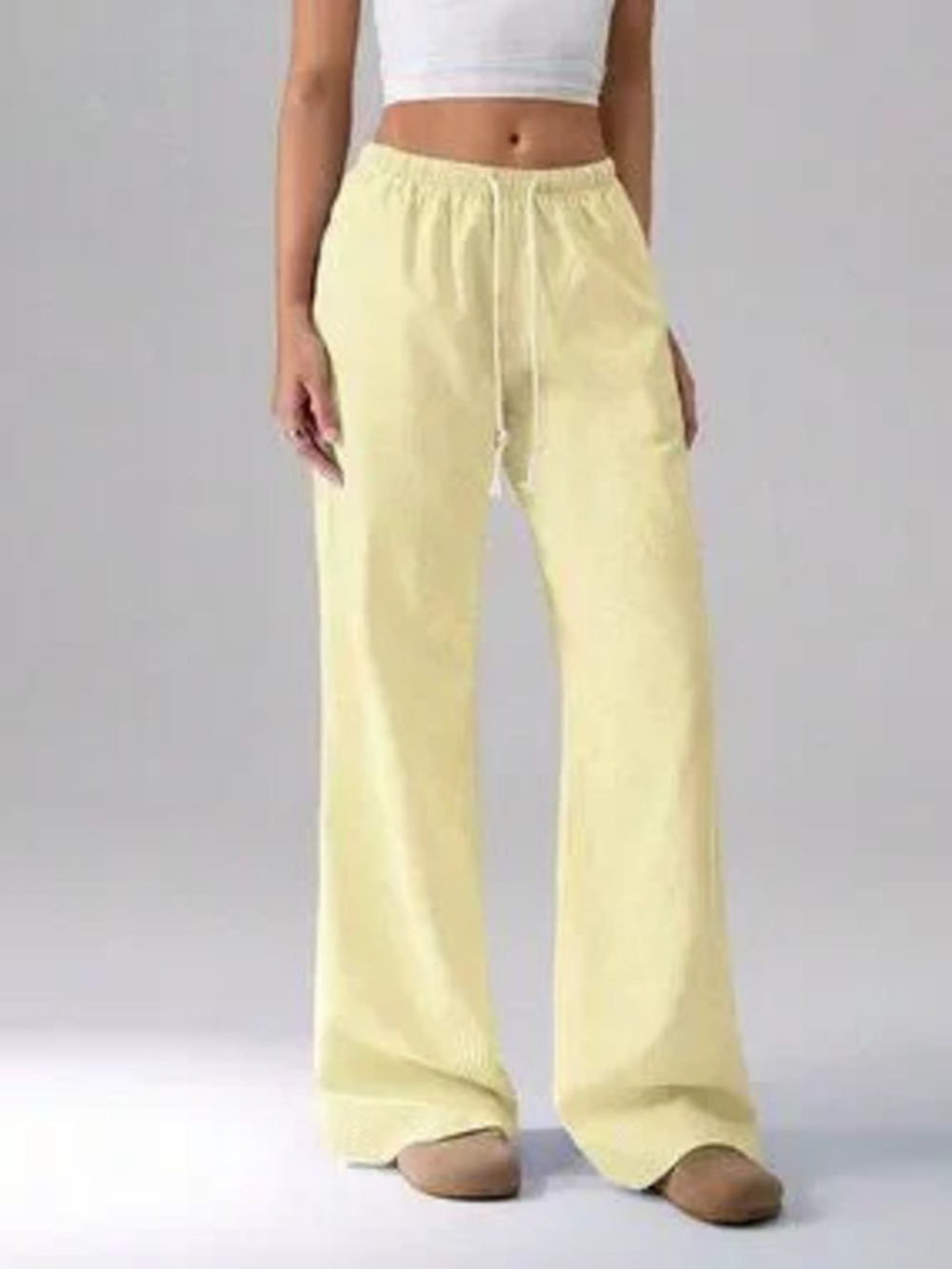 ZARA Yellow Casual Women's Cotton Low-Waisted Drawstring Tie Straight Leg Pants